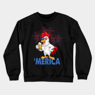 Merica Funny Chicken with beer USA Flag 4th of July Crewneck Sweatshirt